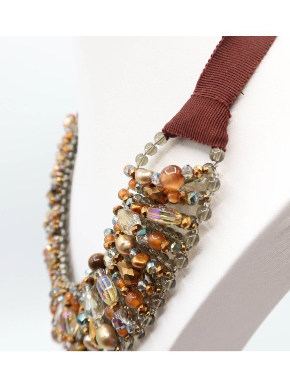 TALBOTS Caramel & Smoky Grey/Blue Beaded Collar Statement Necklace - Picture 5 of 7